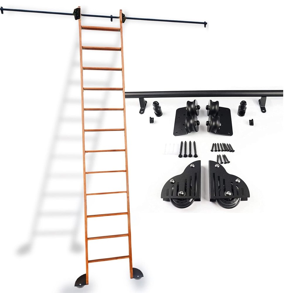Black Rolling Ladder Hardware Kit, Sliding Ladder Rail Set, 3.3–20 ft Round-Tube Mobile Ladder Rail for Home, Indoor Use, and Attics (Ladder Not Included) (Size: 3.3 ft)