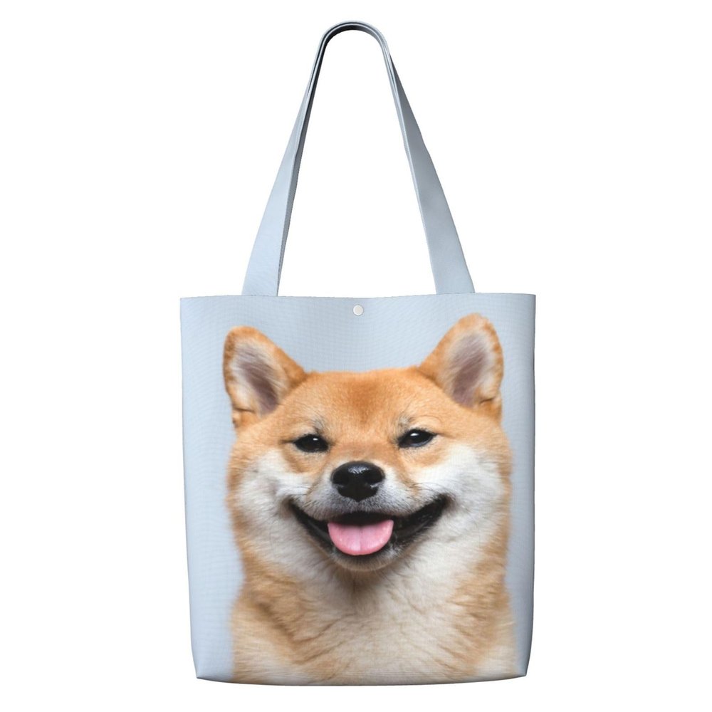 WSHFFILO Smiling Shiba Inu Printed Canvas Shoulder Shopping Tote, Washable Carrying Bag, Fashion Shoulder Bag, Black, One Size