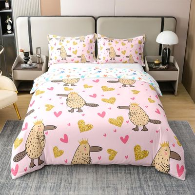 Loussiesd Kids Platypus 100% Cotton Duvet Cover Set, 135 x 200 cm, Pink Australian Animals Heart Pattern