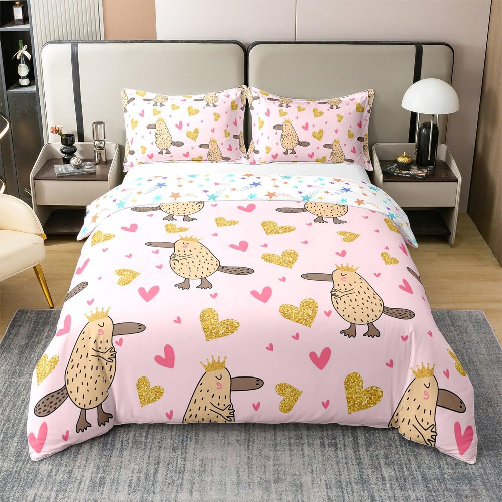 Loussiesd Kids Platypus 100% Cotton Duvet Cover Set, 135 x 200 cm, Pink Australian Animals Heart Pattern