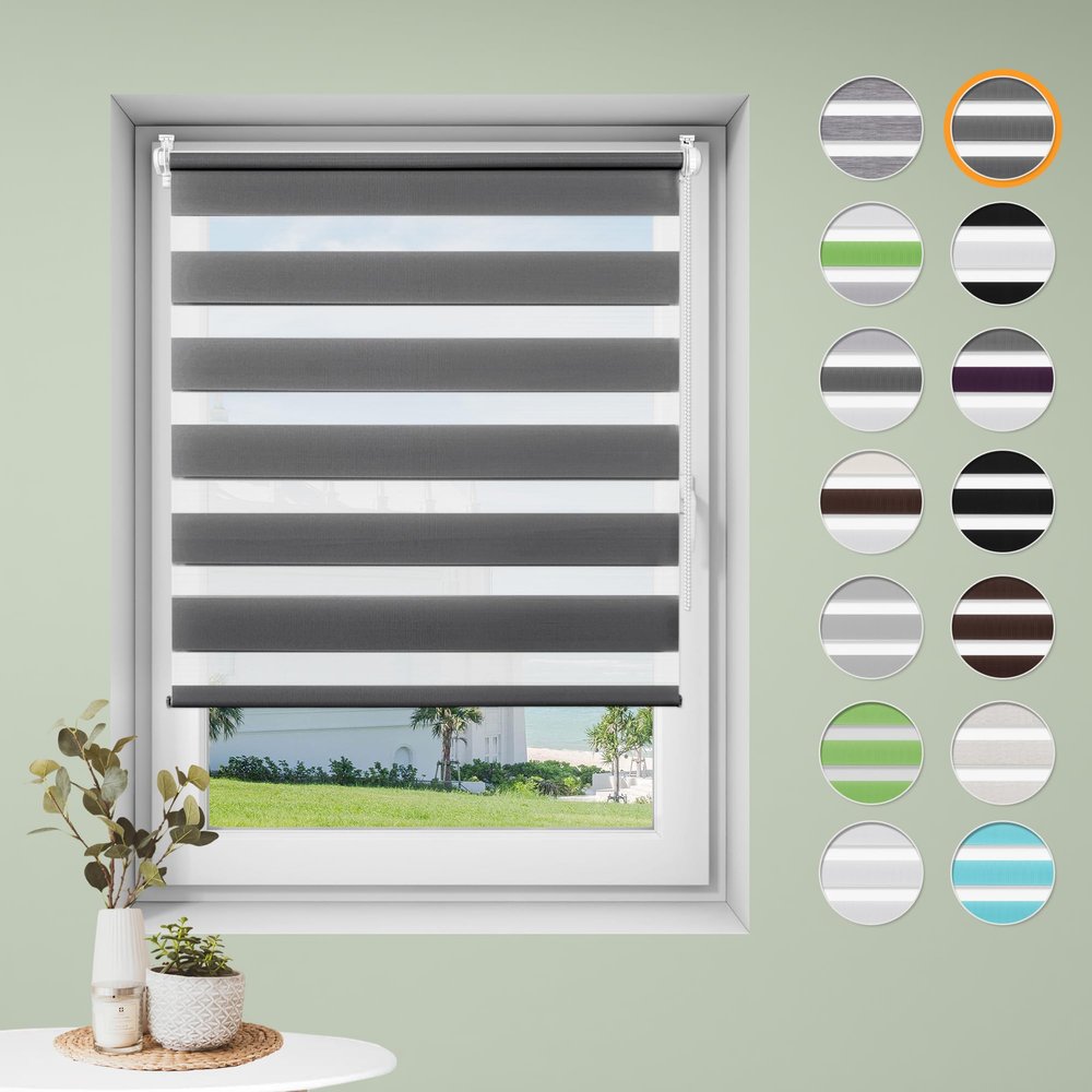 Double Roller Blind, No-Drill Clip-On, Anthracite, W60 x H110 cm, Fabric Width 56 cm
