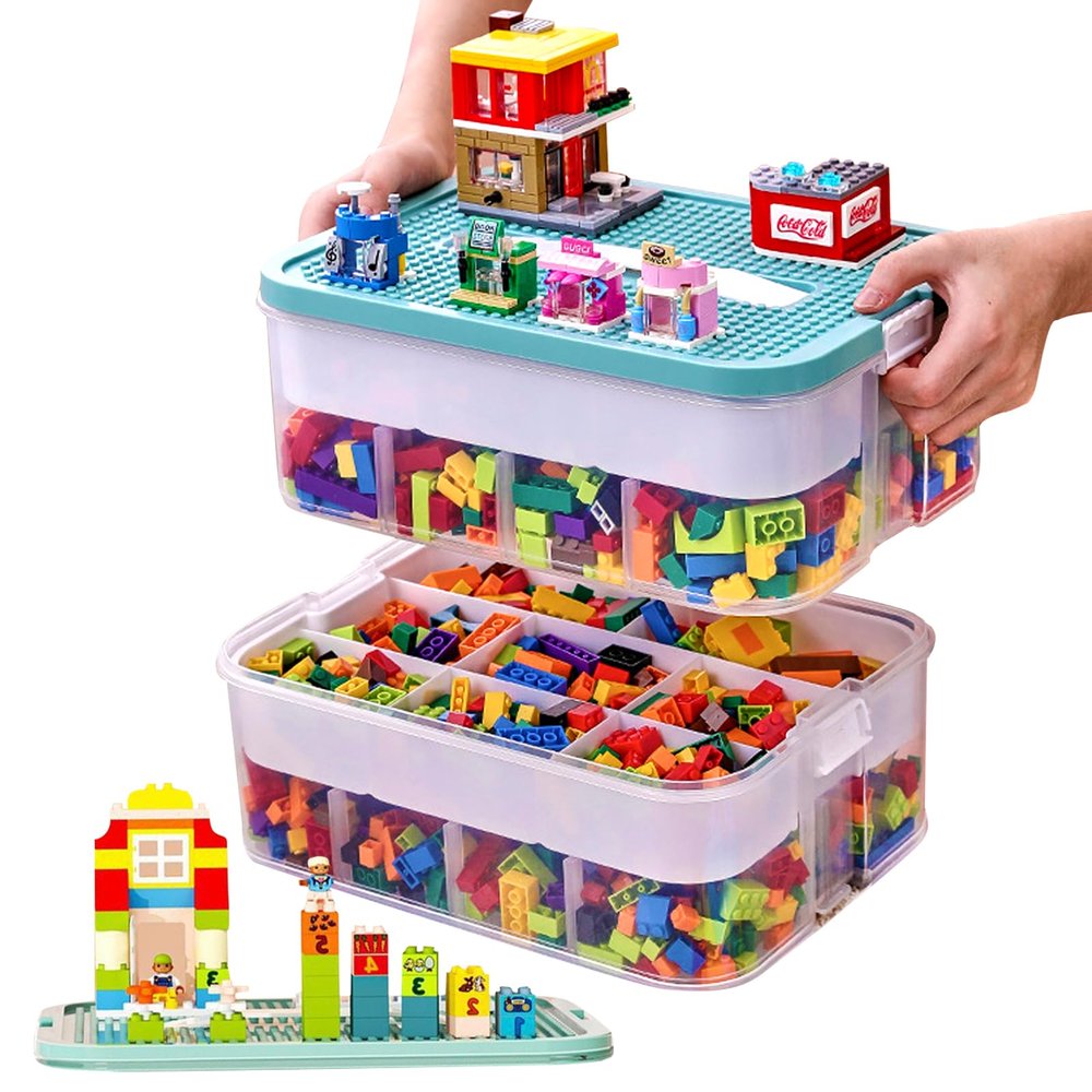 alouweekuky Kids' Storage Box with Lid for LEGO Building Blocks, 2-Tier
