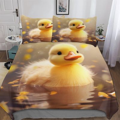 AAPZY Little Yellow Duck 3D 3-Piece Bedding Set, Microfiber, with Pillowcase, Wrinkle-Free and Soft, King Size, 220 x 240 cm