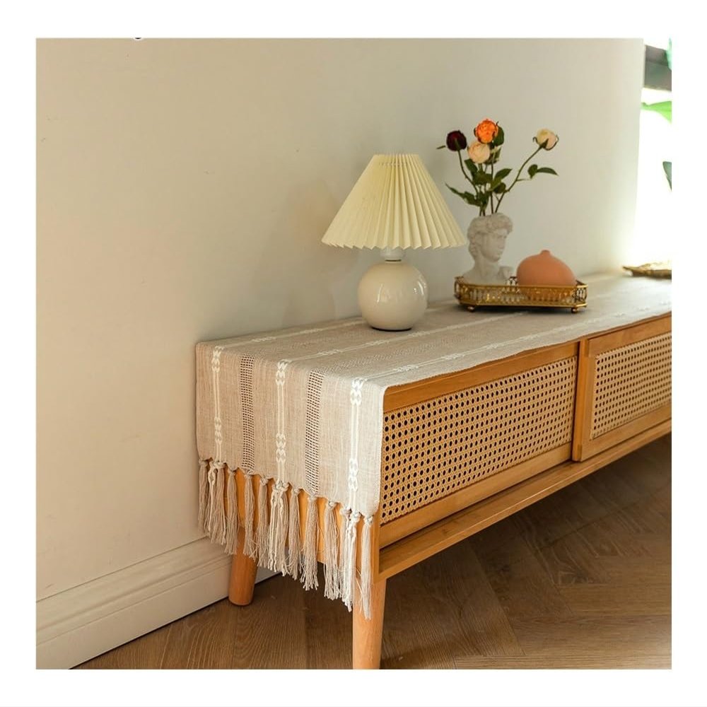 VONCYKI Thick Gray Openwork Vintage Farmhouse Table Runner, Embroidered, Light Coffee, 38 x 200 cm