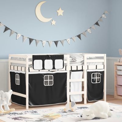 NQJIBUE Children's Loft Bed with Curtains, White & Black, 90 x 190 cm
