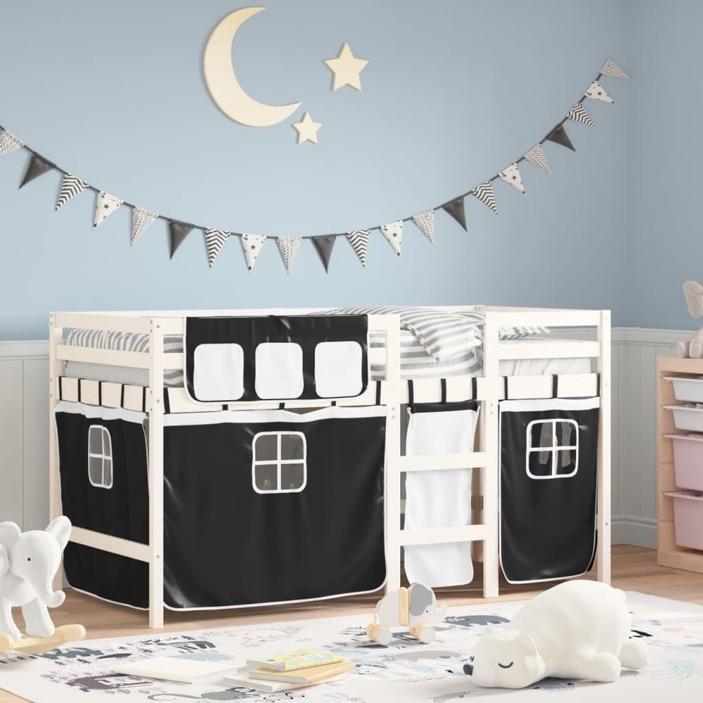 NQJIBUE Children's Loft Bed with Curtains, White & Black, 90 x 190 cm