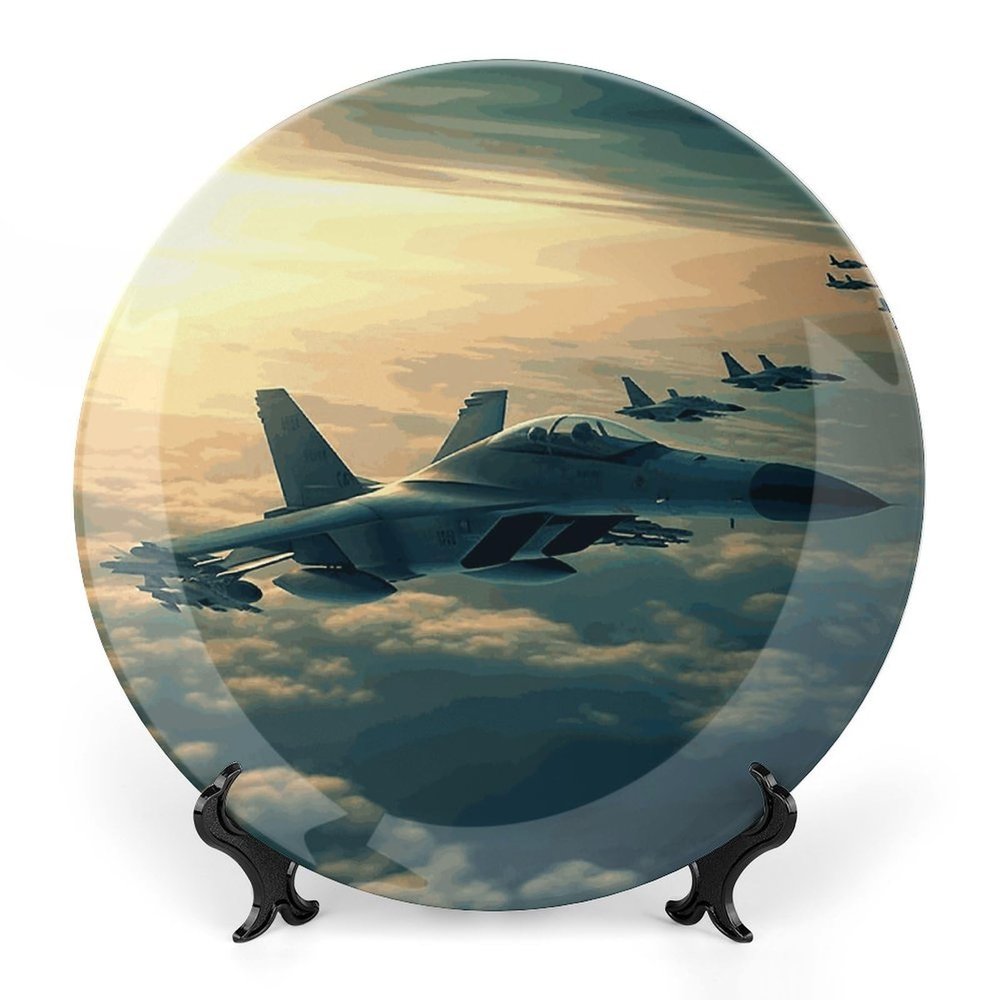 NWTRK Decorative Bone China Plate with Fighter Jets and Display Stand