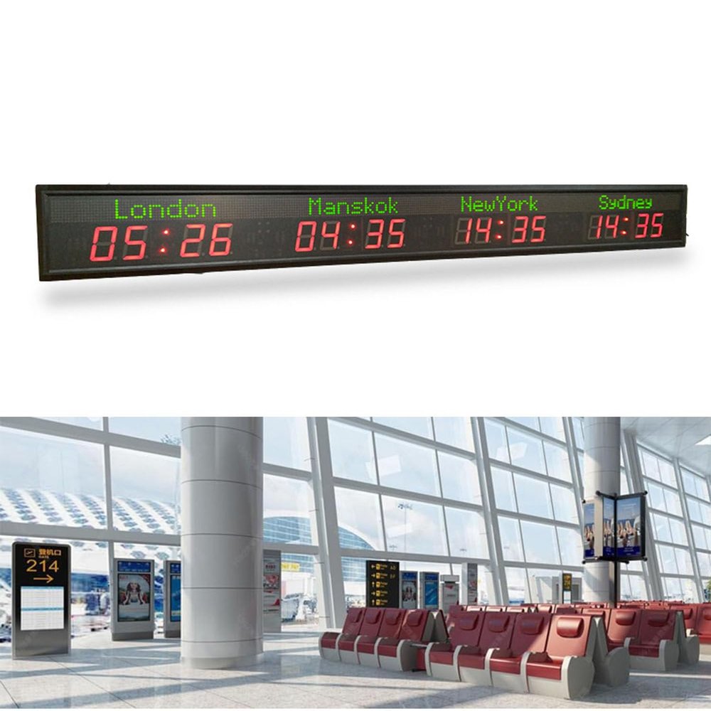 LZDOYY Large Digital LED World Clock, 3/4/5/6 Time Zones, Wall-Mounted, Selectable Cities, 5-Level Brightness, for Hotels