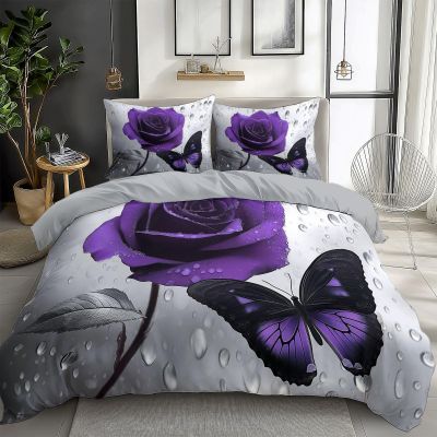 Quixora Romantic Butterfly Purple Rose Bedding Set, Light Gray, Easy-Care Microfiber, 240 x 220 cm