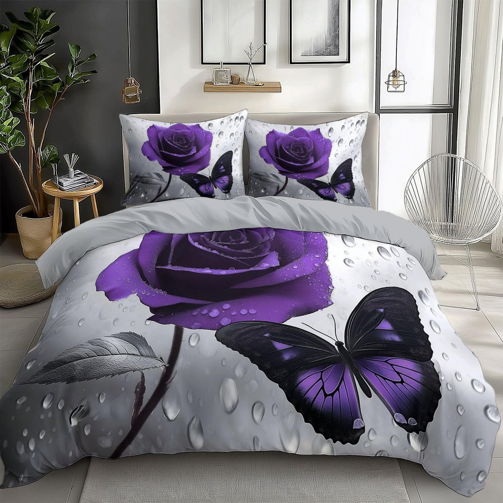 Quixora Romantic Butterfly Purple Rose Bedding Set, Light Gray, Easy-Care Microfiber, 240 x 220 cm