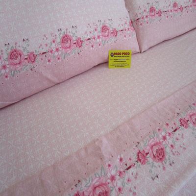 Double Bed Sheet Set, Gray, Light Blue and Pink, 100% Flannel with Rose and Geometric Pattern