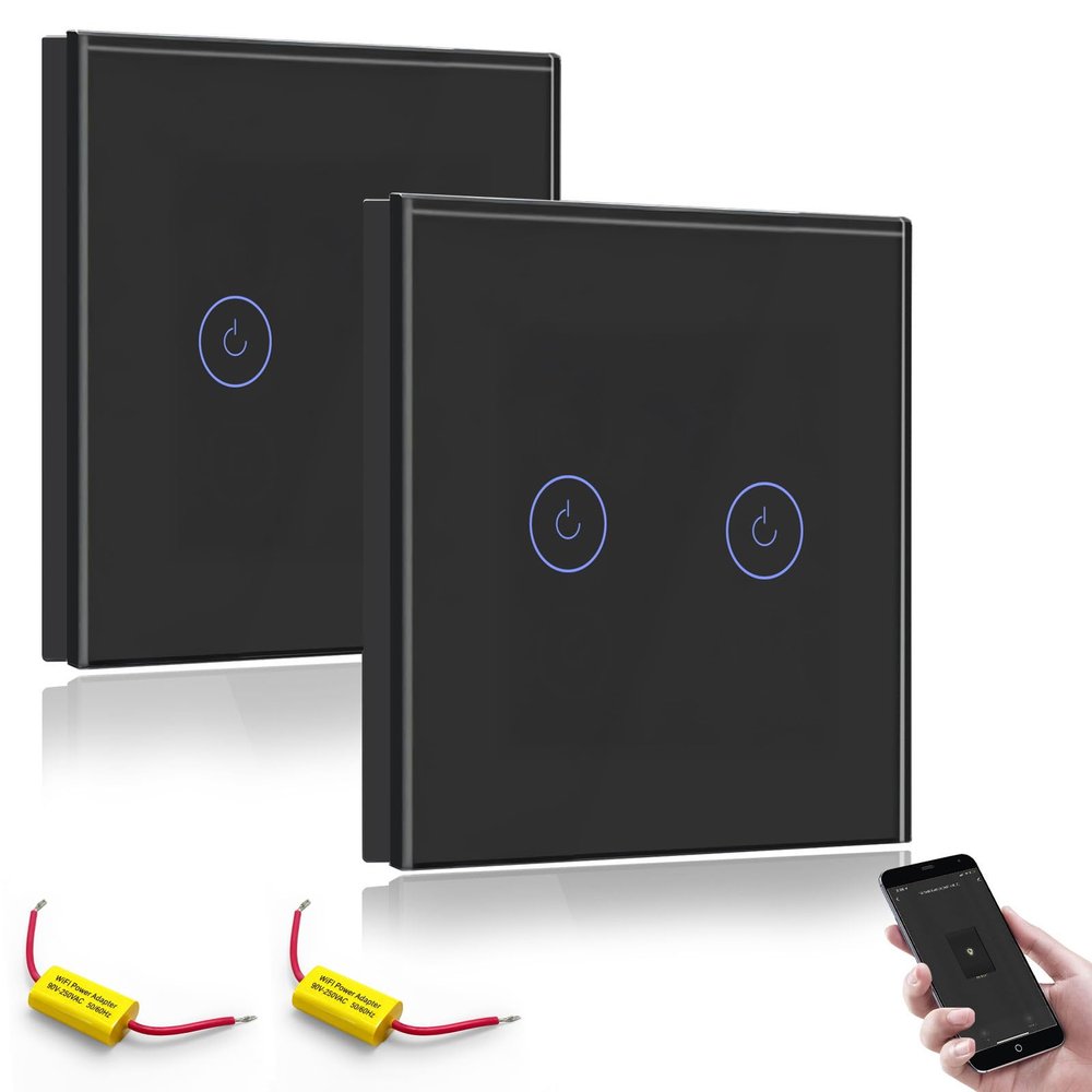BSEED Smart 2-Gang 2-Way Wi-Fi Light Switch, Alexa & Google Home Compatible, Glass Touch, Smart Life App, Timer, Black, No Neutral Wire, 2-Pack