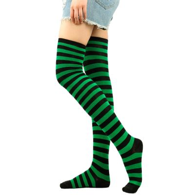 Women’s Thigh-High Striped Stockings, Green, One Size