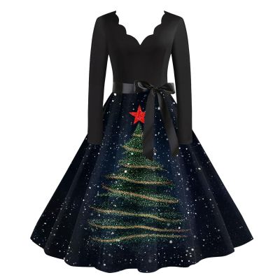 Women's Christmas Dress, Long-Sleeve V-Neck Vintage Rockabilly A-Line Dress, Red, Plus Size