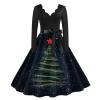 Women's Christmas Dress, Long-Sleeve V-Neck Vintage Rockabilly A-Line Dress, Red, Plus Size view 1