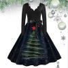 Women's Christmas Dress, Long-Sleeve V-Neck Vintage Rockabilly A-Line Dress, Red, Plus Size view 2