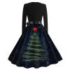 Women's Christmas Dress, Long-Sleeve V-Neck Vintage Rockabilly A-Line Dress, Red, Plus Size view 3