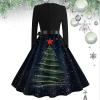 Women's Christmas Dress, Long-Sleeve V-Neck Vintage Rockabilly A-Line Dress, Red, Plus Size view 4