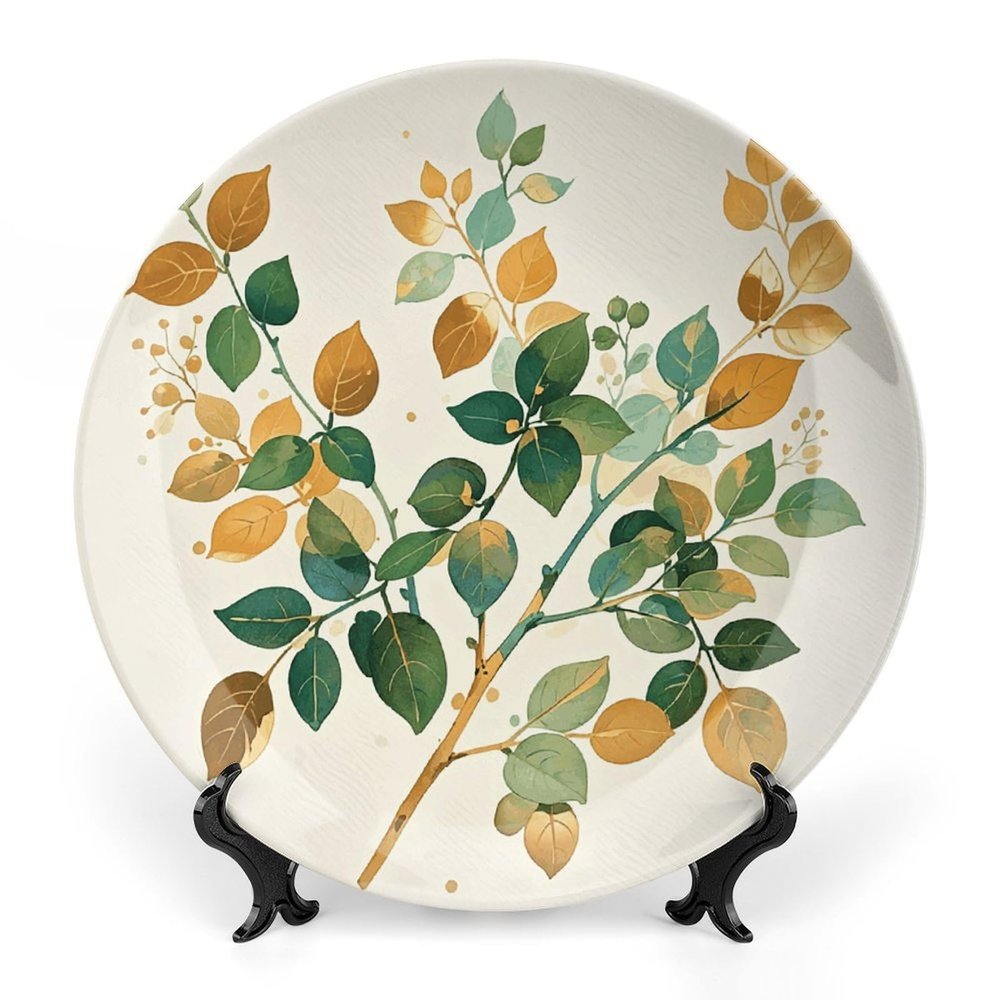 NTVOWPZO Decorative Bone China Plate with Gold-Green Botanical Branches