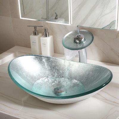 GLOBAOSALU Oval Glass Vessel Sink Set, 55.9 x 35.6 cm, Silver