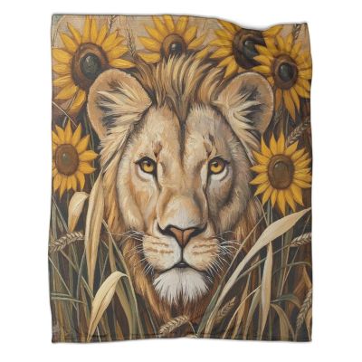Sunflower and Wheat Straw Printed Flannel Throw Blanket, Lion Face Pattern, 40 x 50 in