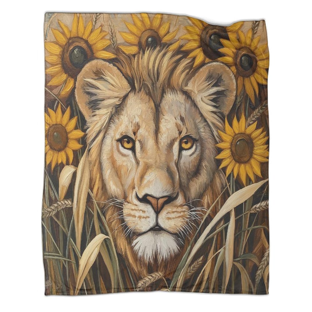 Sunflower and Wheat Straw Printed Flannel Throw Blanket, Lion Face Pattern, 40 x 50 in
