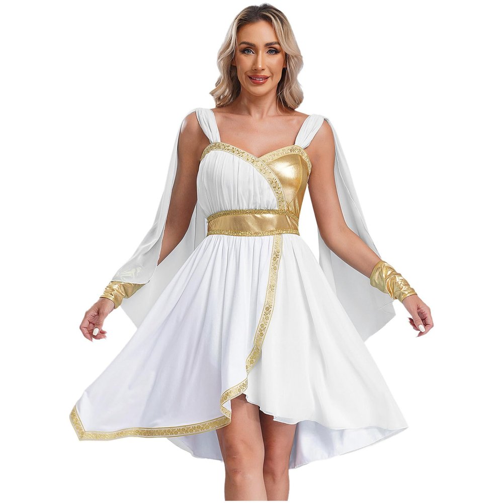 Rswnyirn Women's Greek Goddess Costume, Roman Queen Cosplay Toga Mini Dress, White, M