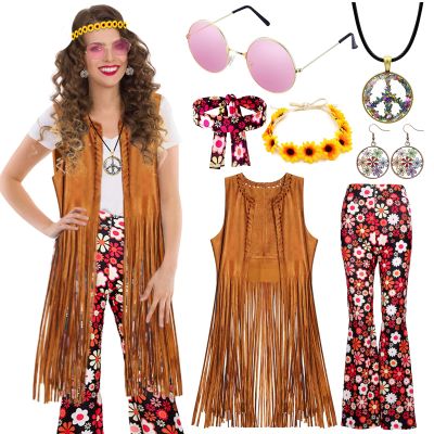 ATOWORLD Women's Hippie Costume Set with Fringe Vest, Flared Pants and Boho Accessories
