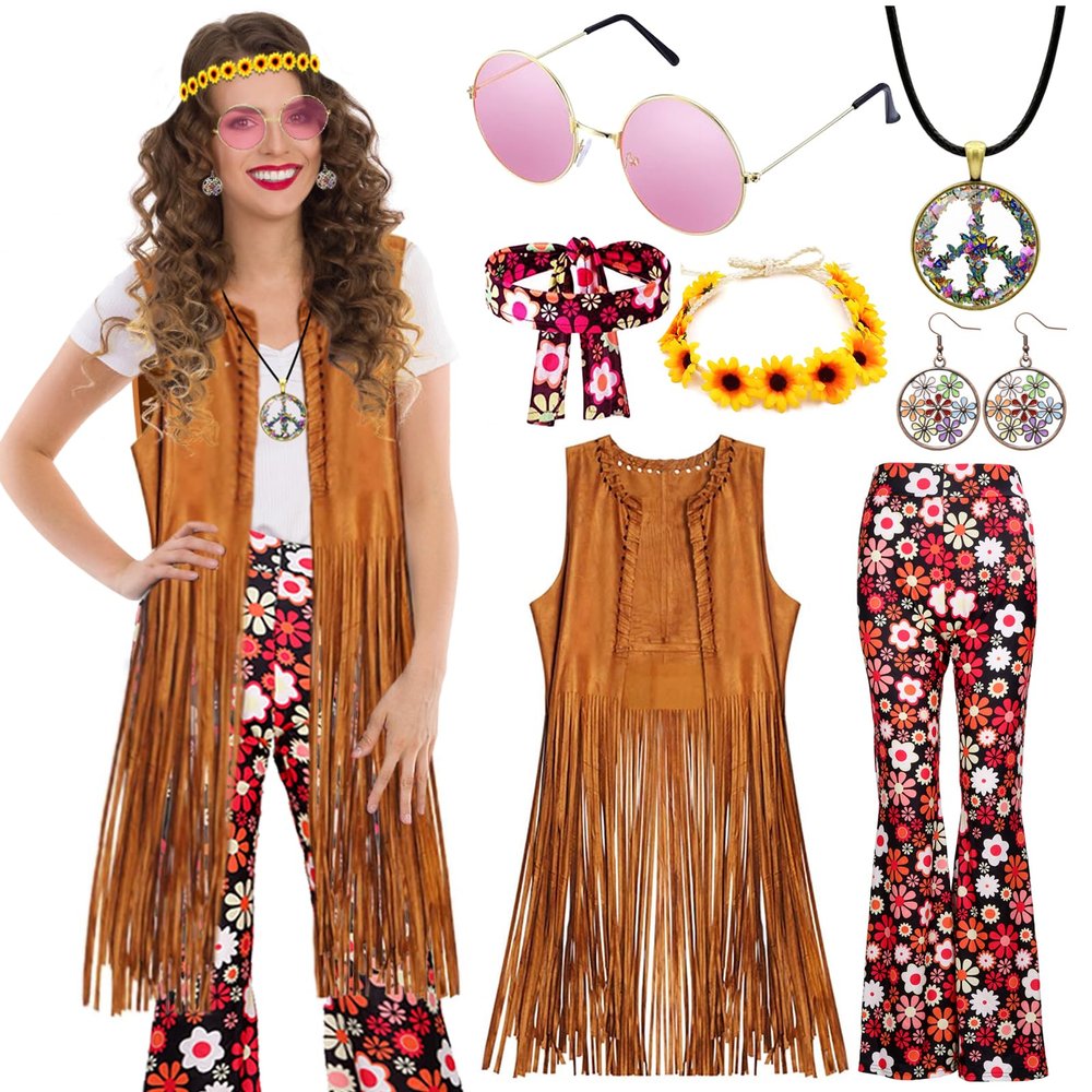 ATOWORLD Women's Hippie Costume Set with Fringe Vest, Flared Pants and Boho Accessories
