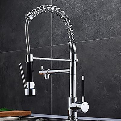 EXHOYAJB Kitchen Sink Faucet, Swiveling High-Arc Pull-Out Mixer Tap, Brushed Gold/Chrome