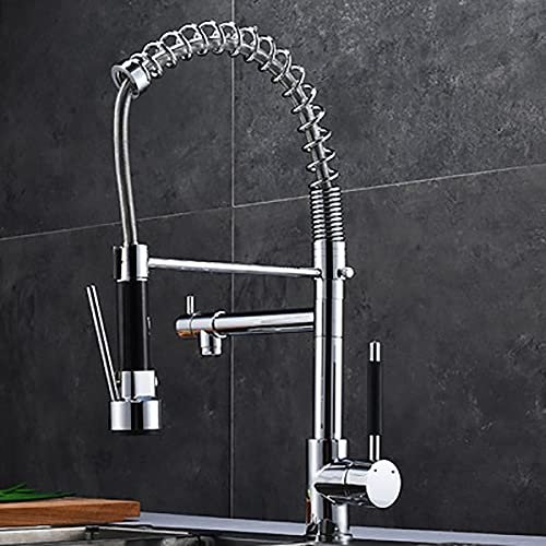 EXHOYAJB Kitchen Sink Faucet, Swiveling High-Arc Pull-Out Mixer Tap, Brushed Gold/Chrome