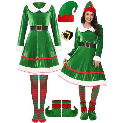 KANMUASD Women's 5-Piece Christmas Elf Costume Set with Velvet Dress, Belt, Hat, Shoes and Socks