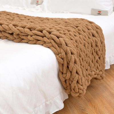 LUOZIQINX Chunky Knit Chenille Throw Blanket, Handmade, Brown, 100 x 150 cm