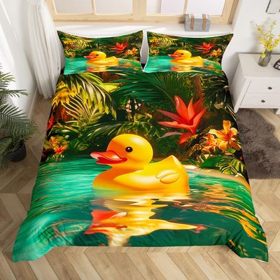Homewish Cute Funny Duck 135 x 200 cm Duvet Cover Set, Yellow Rubber Duck and Green Leaf Kawaii Print, No Comforter