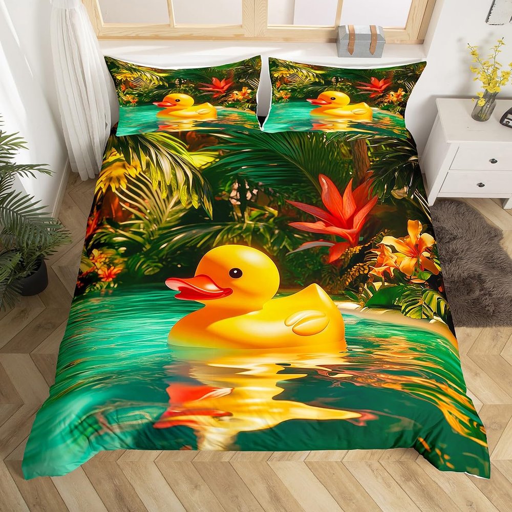 Homewish Cute Funny Duck 135 x 200 cm Duvet Cover Set, Yellow Rubber Duck and Green Leaf Kawaii Print, No Comforter