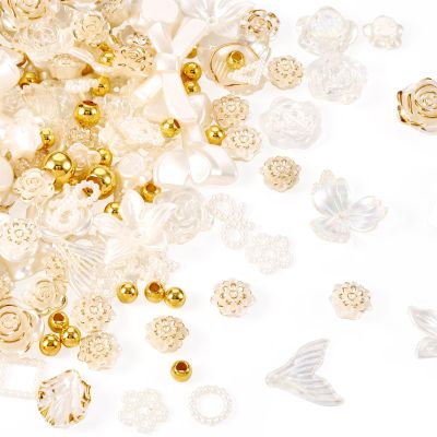 PandaHall 100 g Assorted Acrylic Beads with Gold Spacers, Flower, Leaf, Bow and Mermaid Tail