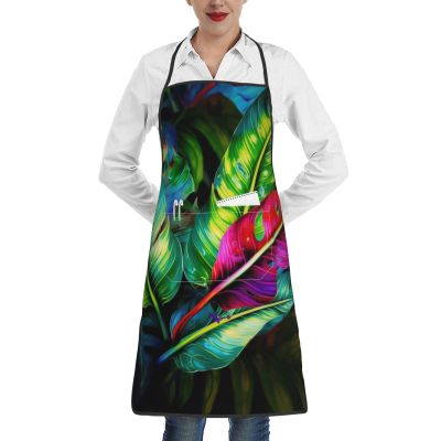 Kitchen Apron with Colorful Tropical Leaf Pattern, Pocket, Waterproof, Adjustable, Garden Apron for Cooking, Men and Women, White, One Size