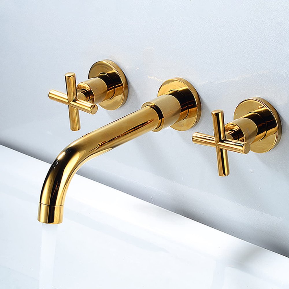 ASerZenith Wall-Mounted Bathroom Faucet, Basin Mixer with 20 cm Spout, Cross Handle, Hot and Cold