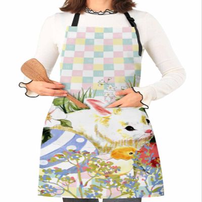 Easter Egg Rabbit Buffalo Plaid Wildflower Cooking Apron, Adjustable Unisex Grill Apron, 70 x 84 cm