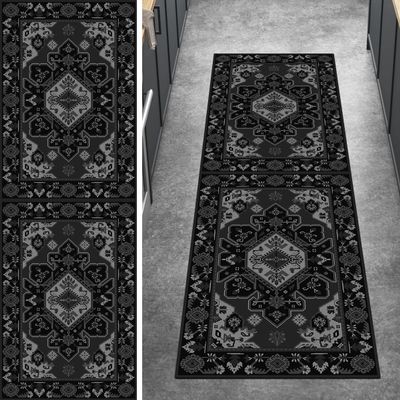 Ymural Black Hallway Runner Rug 100 x 600 cm, Washable, Non-Slip, Vintage Short-Pile Polyester