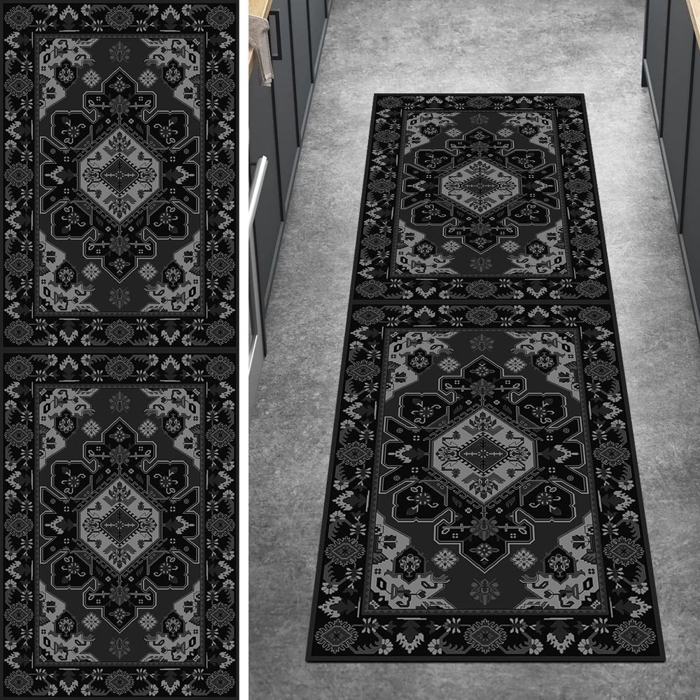 Ymural Black Hallway Runner Rug 100 x 600 cm, Washable, Non-Slip, Vintage Short-Pile Polyester