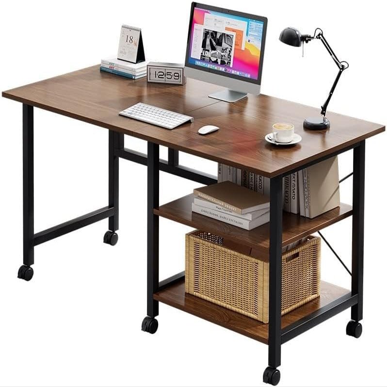 MZBDYYF Rolling Computer Desk with Wheels, Folding Workstation with Storage Shelves