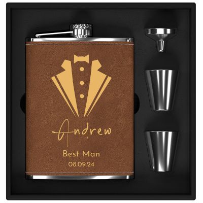 Personalized Engraved Stainless Steel Flask Set, 8 oz/237 ml, Brown