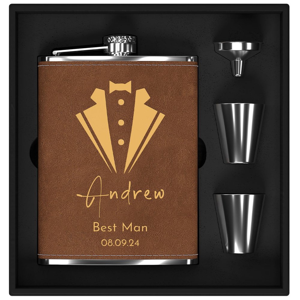 Personalized Engraved Stainless Steel Flask Set, 8 oz/237 ml, Brown