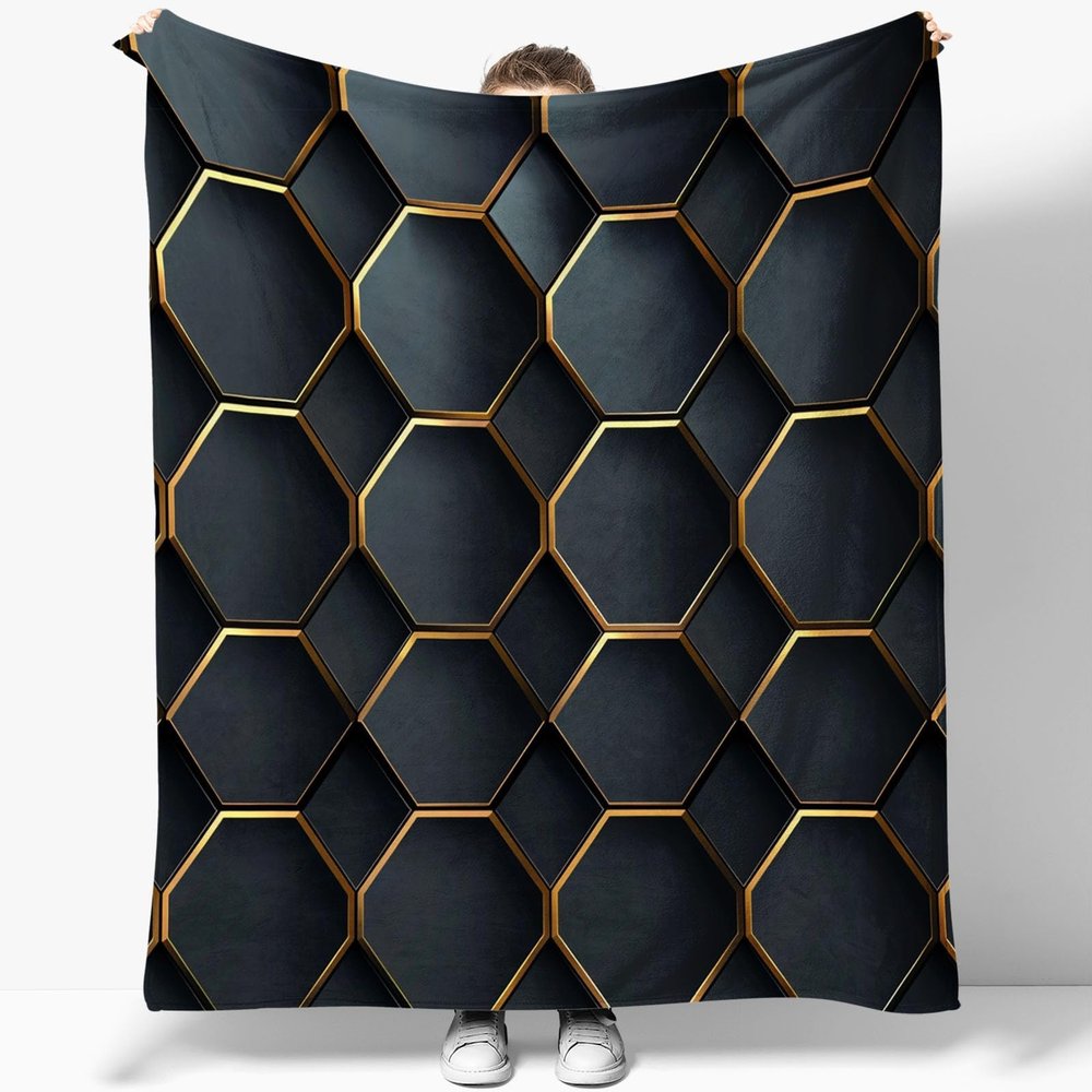 Geometric Honeycomb Kids’ Plush Sherpa Blanket, 150 x 200 cm, Black and Gold