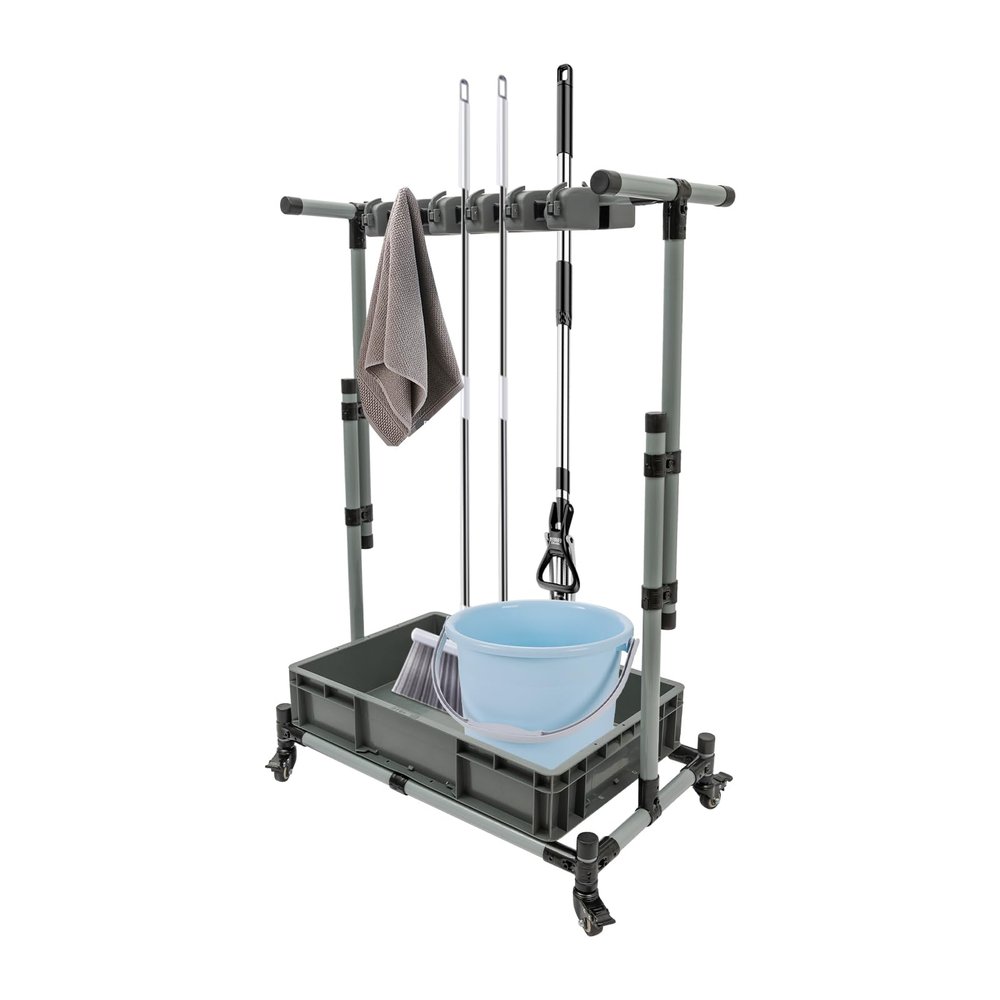 KAUITOPU Movable Broom and Mop Holder Cart, 12 Hooks, Adjustable Height 29.53–49.21 in