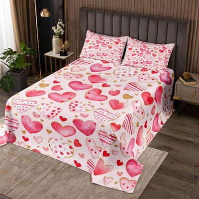 feelingyou Valentine's Day Bedspread for Kids, Watercolor Heart Pattern, Pink and Gold Tie-Dye Quilt Set with 1 Pillow Sham, S Size