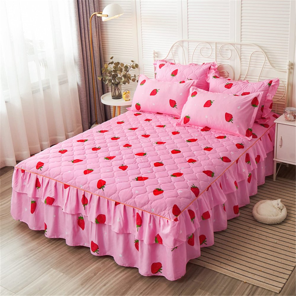 Extra-Deep Pleated Bed Skirt with Ruffles, Microfiber Bedspread and Fitted Sheet Set with Pillowcases, Queen Size (120 x 200 cm)