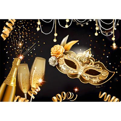 Aoihrraan 9 x 6 ft Masquerade Party Backdrop, Golden Mask, Champagne Ribbon, Glitter Dots, Beads and Halos, Black Night Photography Background