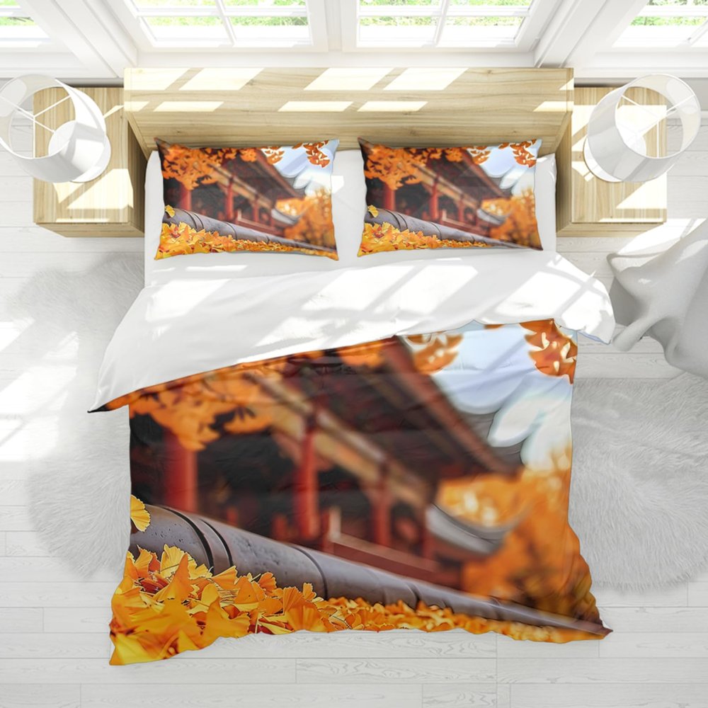MOKOSAISE Modern Temple Architecture Golden Ginkgo Leaves 3-Piece Duvet Cover Set, 260 x 240 cm